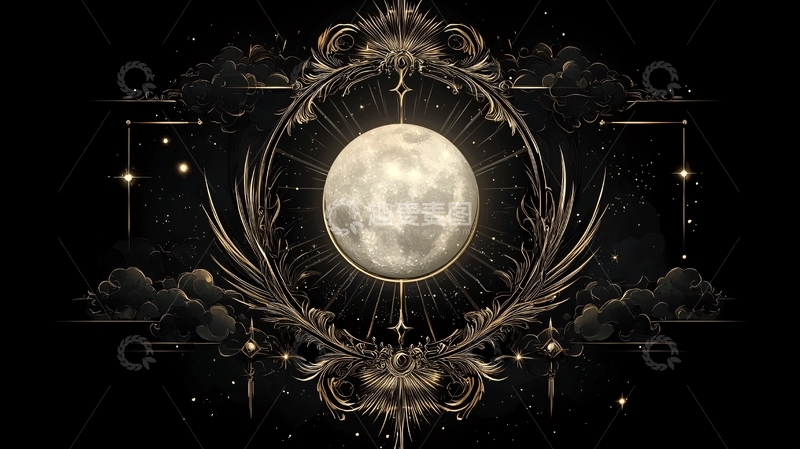 高清大图下载【趣麦麦图】金色月亮与云朵装饰图案