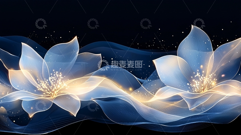 高清大图下载【趣麦麦图】梦幻蓝色波浪与发光花朵
