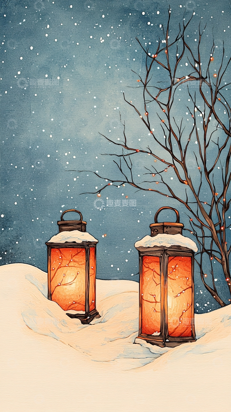 高清大图下载【趣麦麦图】冬夜雪地灯笼风景
