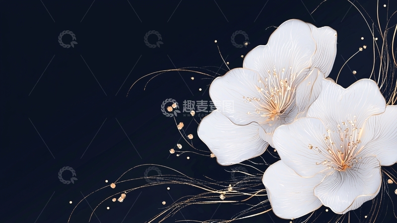 高清大图下载【趣麦麦图】白色花朵与金色线条的艺术插画