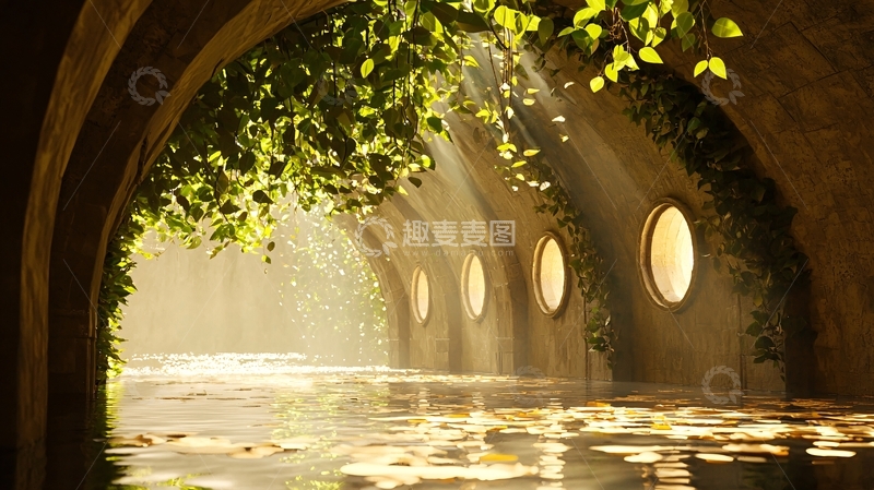 高清大图下载【趣麦麦图】阳光透过拱门洒在水中的神秘隧道