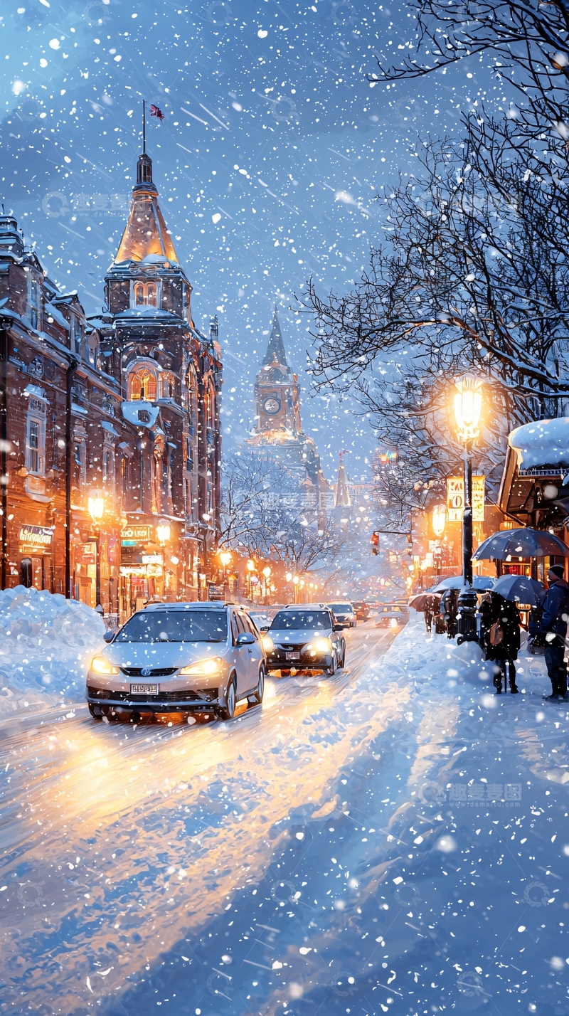 高清大图下载【趣麦麦图】雪中城市街道夜景