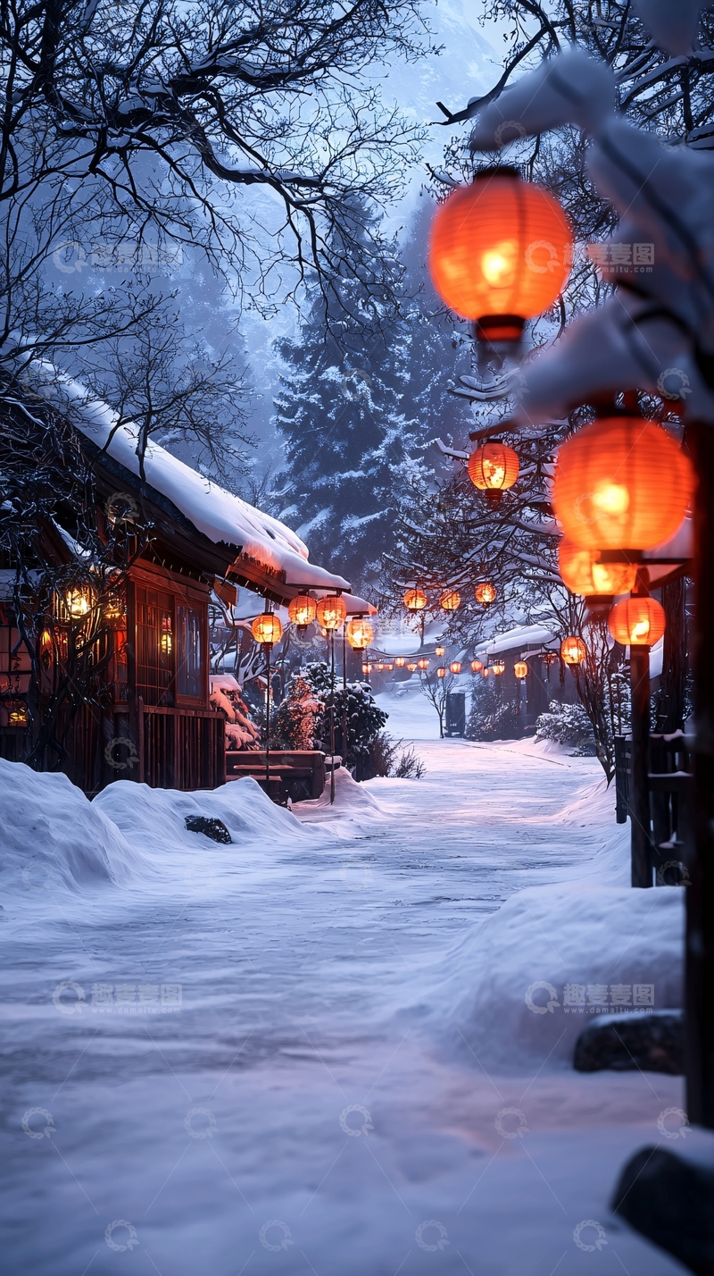 高清大图下载【趣麦麦图】冬夜灯笼古村落
