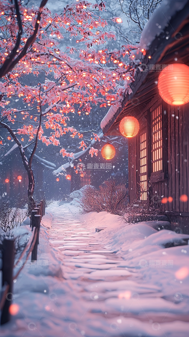 高清大图下载【趣麦麦图】冬夜古村落雪景灯笼