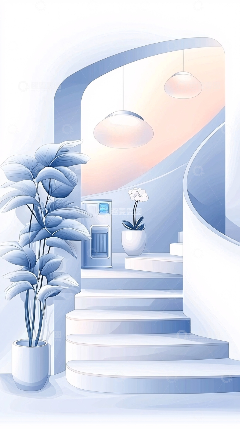 高清大图下载【趣麦麦图】现代简约楼梯与植物装饰