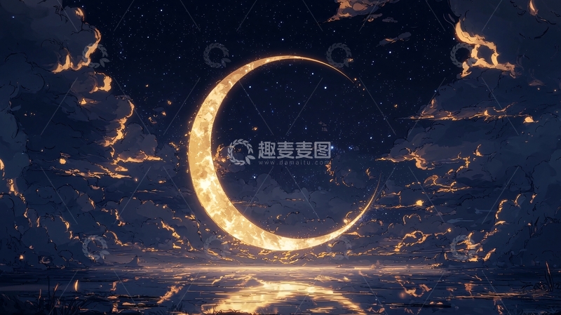 高清大图下载【趣麦麦图】夜空中的新月与星河