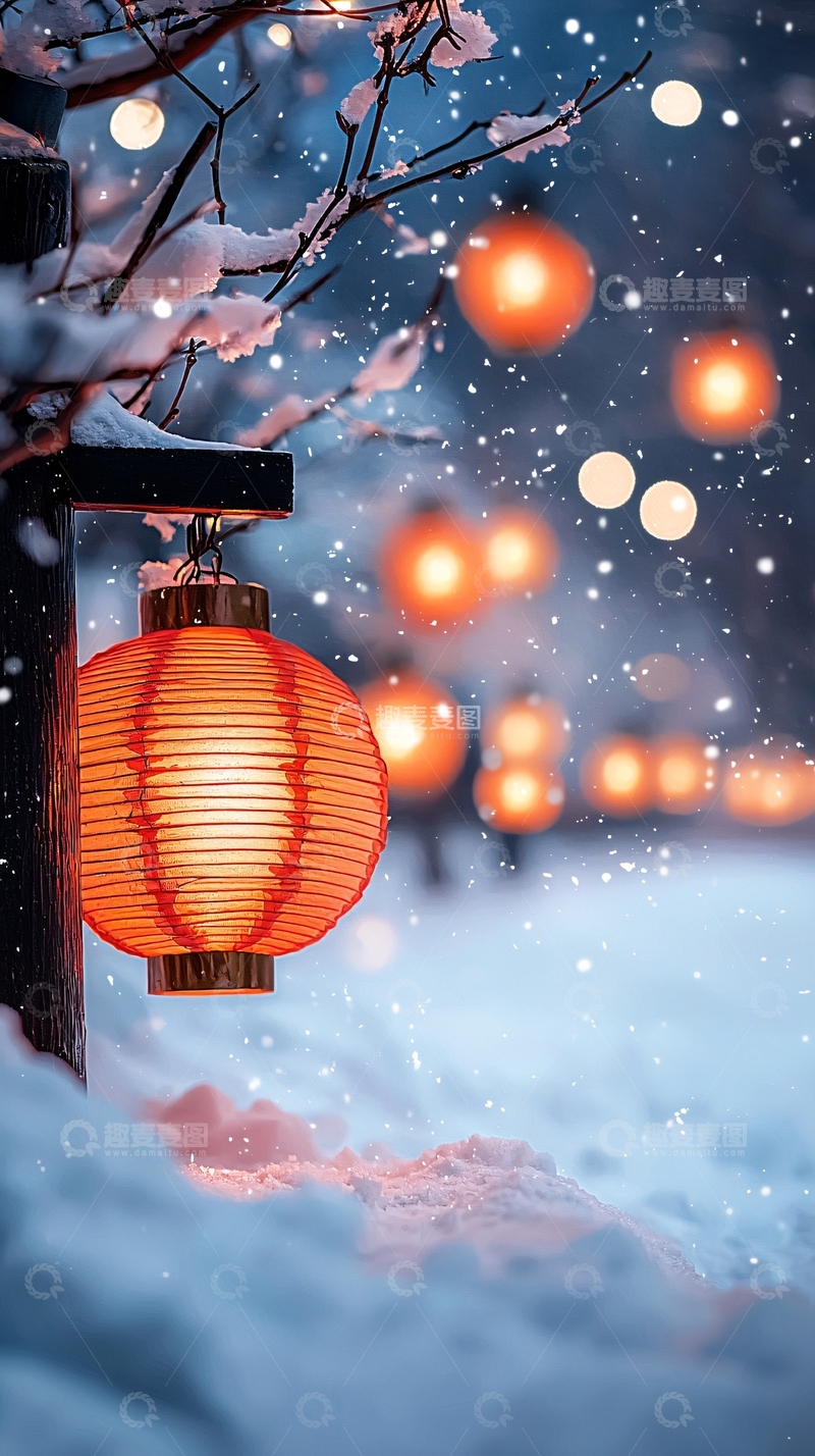高清大图下载【趣麦麦图】冬夜雪景灯笼