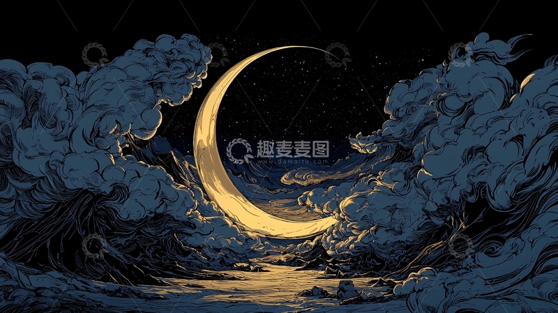 高清大图下载【趣麦麦图】夜空中的新月与云海