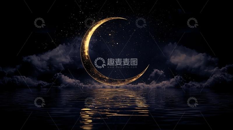 高清大图下载【趣麦麦图】夜空中的金色新月与星河