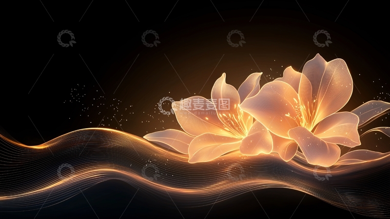 高清大图下载【趣麦麦图】金色花朵与波浪线艺术背景