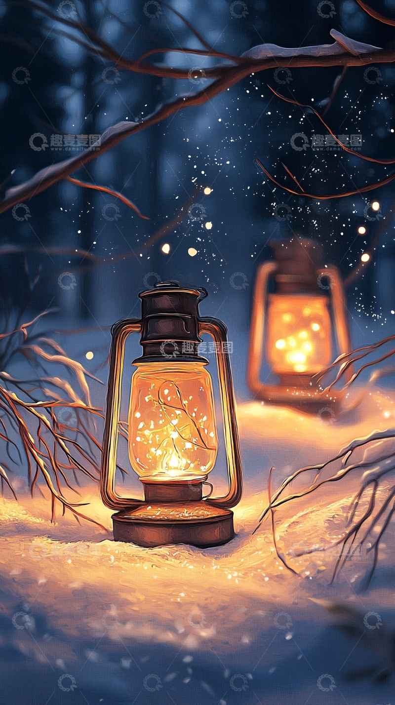 高清大图下载【趣麦麦图】冬夜雪地手提灯