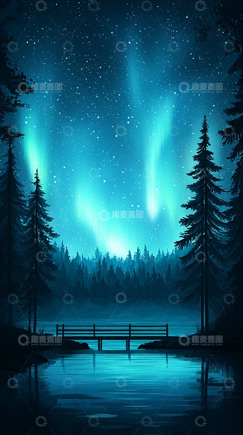 高清大图下载【趣麦麦图】极光下的宁静森林夜景