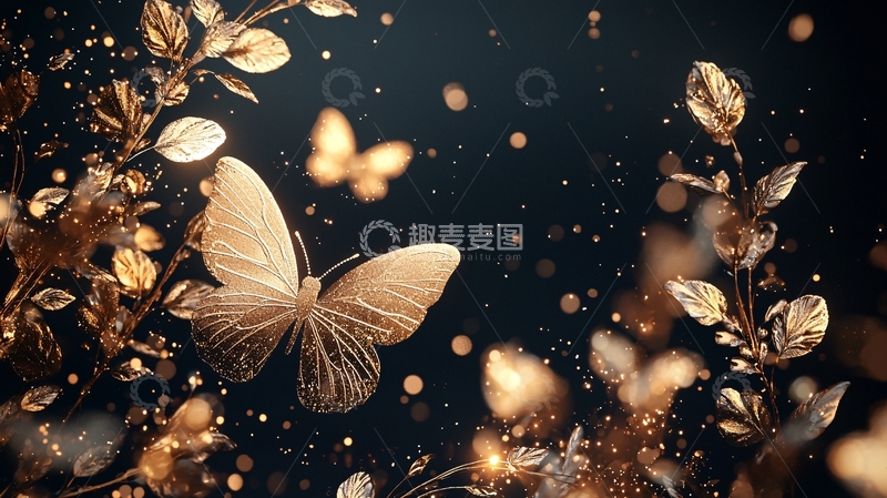 高清大图下载【趣麦麦图】金色蝴蝶与光斑背景