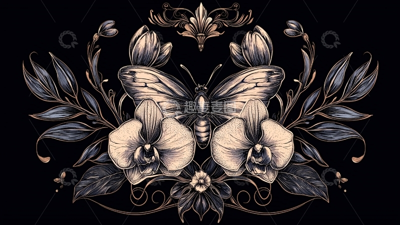高清大图下载【趣麦麦图】蝴蝶与兰花的复古插画