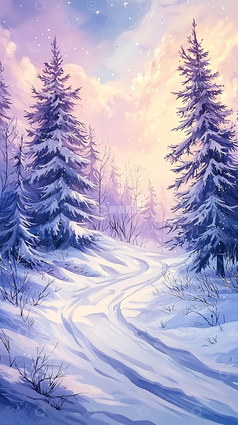 高清大图下载【趣麦麦图】冬日雪景松林小径