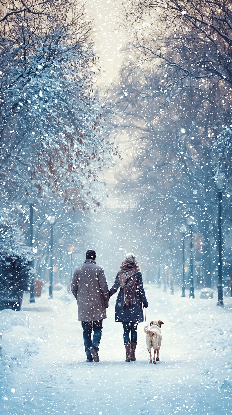 高清大图下载【趣麦麦图】雪中漫步情侣与狗