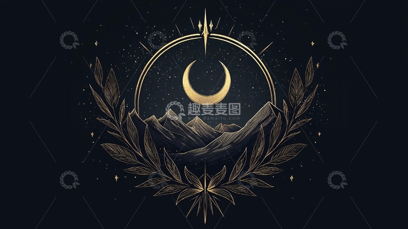 高清大图下载【趣麦麦图】夜空下的山峦与月亮插画