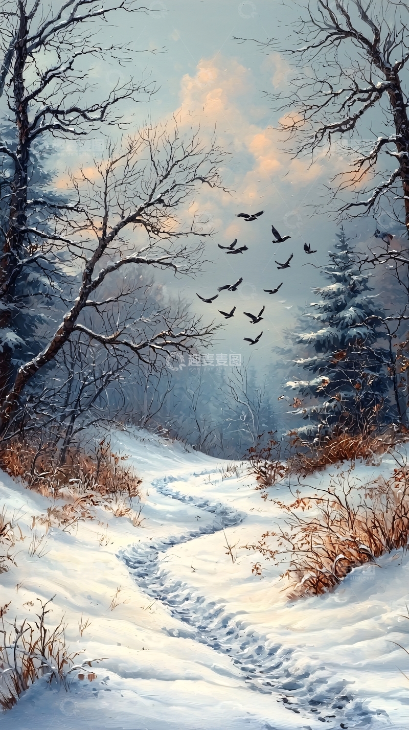 高清大图下载【趣麦麦图】冬日雪景中的鸟群飞翔