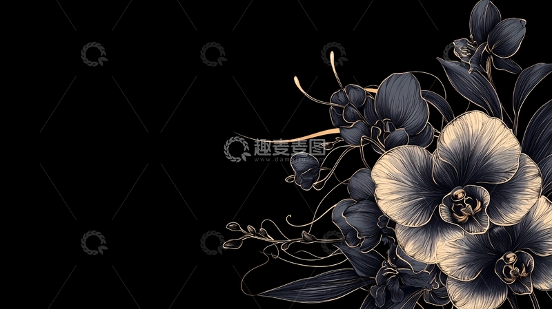高清大图下载【趣麦麦图】黑色背景下的金色花卉插画