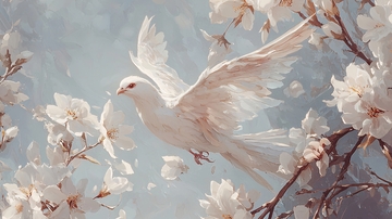 白鸽与樱花的艺术插画