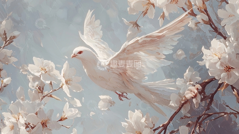 高清大图下载【趣麦麦图】白鸽与樱花的艺术插画