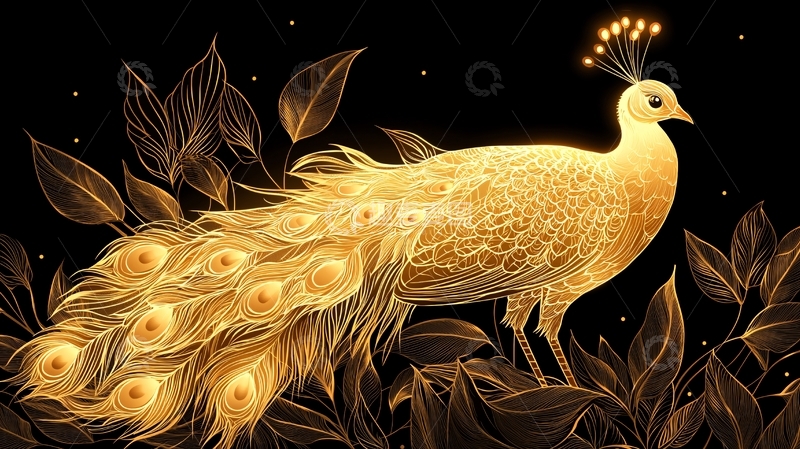 高清大图下载【趣麦麦图】金色孔雀与花卉图案背景