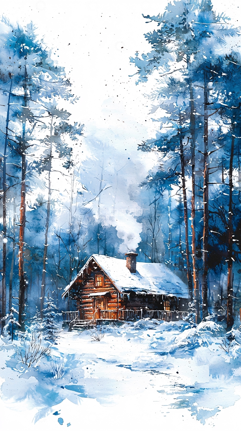 高清大图下载【趣麦麦图】冬日雪景中的小木屋