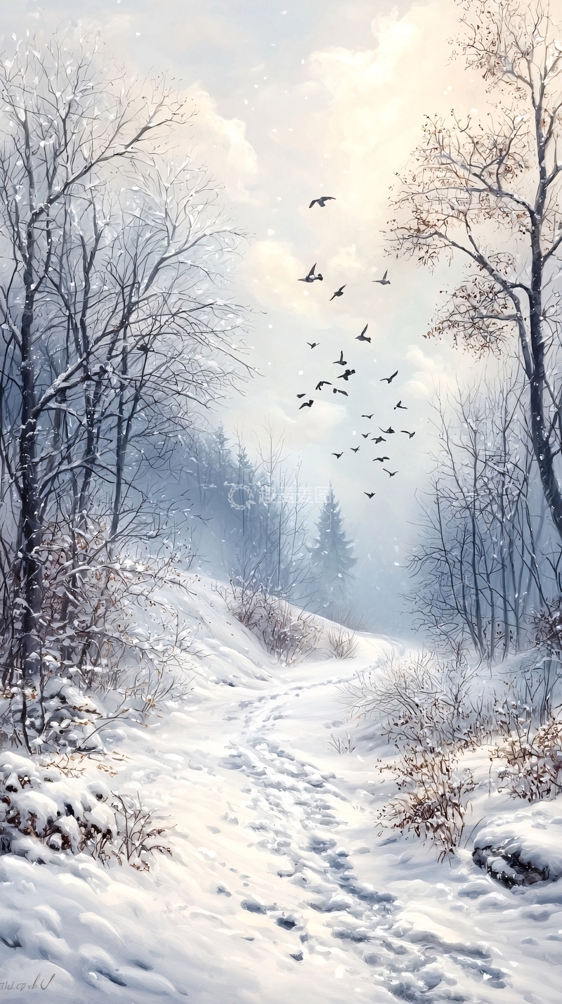 高清大图下载【趣麦麦图】冬日雪景中的小径与飞鸟
