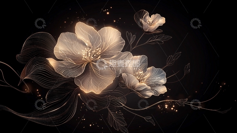 高清大图下载【趣麦麦图】金色花朵与光点的艺术插画