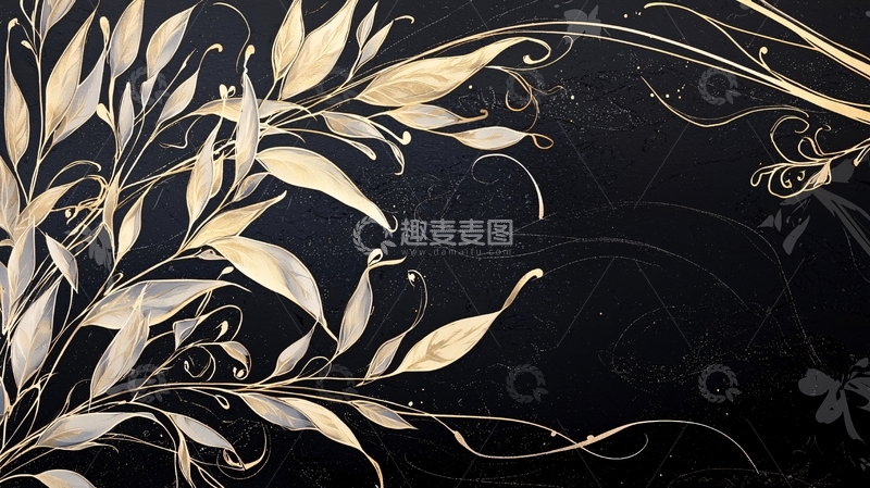 高清大图下载【趣麦麦图】金色花卉黑色背景艺术插画