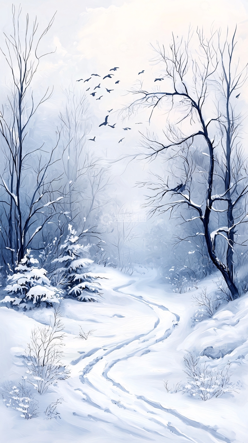 高清大图下载【趣麦麦图】冬日雪景小径鸟群