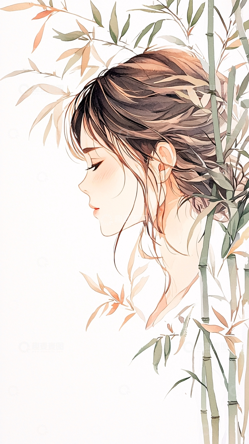 高清大图下载【趣麦麦图】竹林少女插画背景图