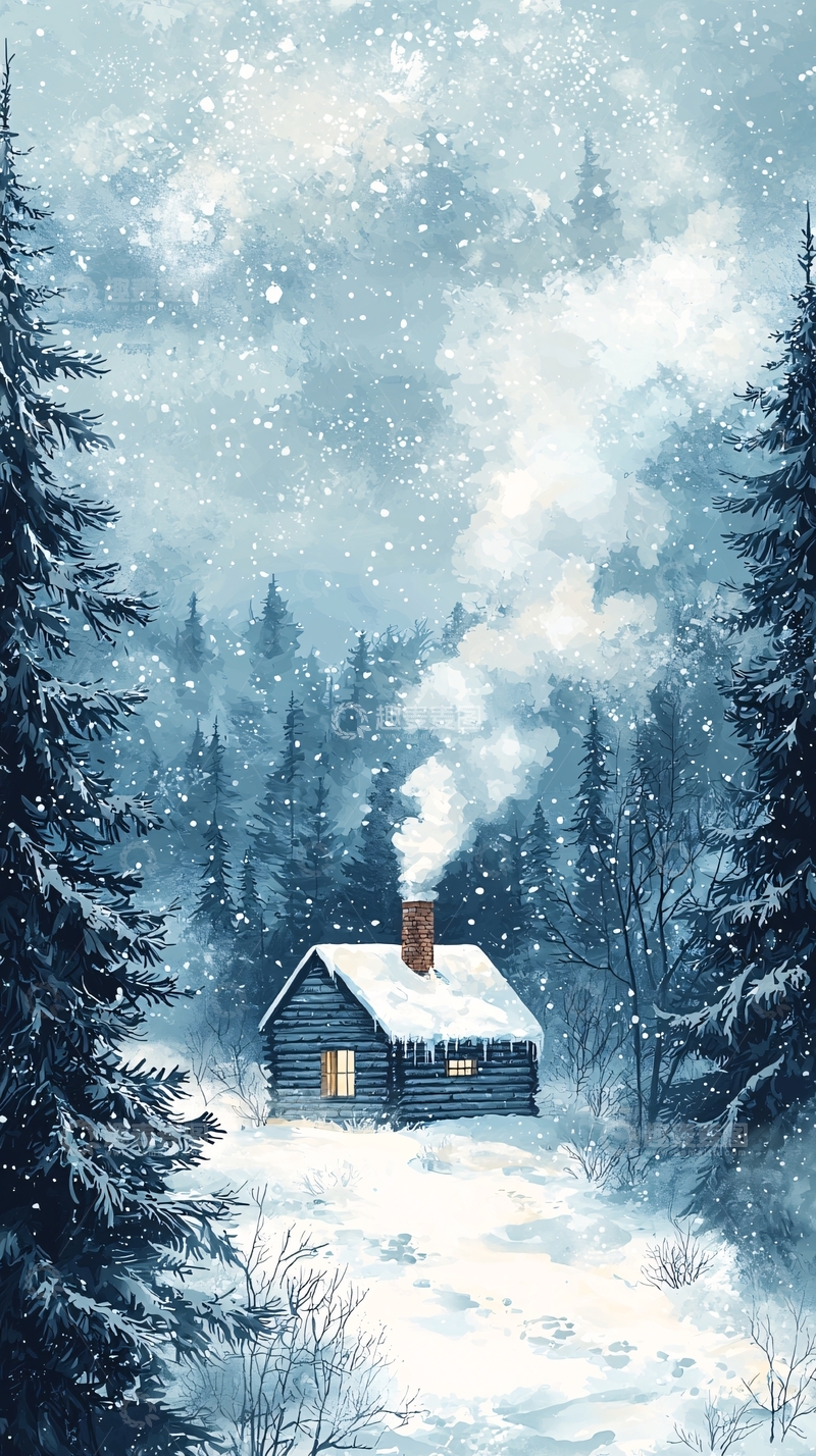 高清大图下载【趣麦麦图】冬日雪景中的小木屋