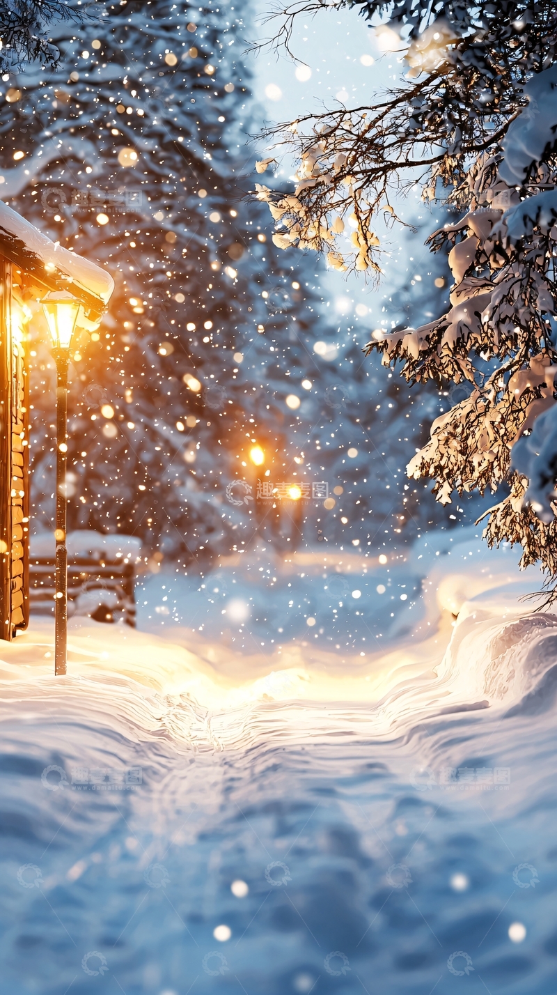 高清大图下载【趣麦麦图】冬日雪景路灯下的宁静