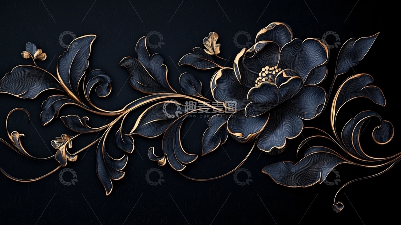 高清大图下载【趣麦麦图】金色花卉黑色背景装饰图案