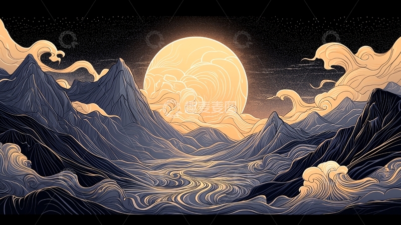 高清大图下载【趣麦麦图】夜空下的山海幻想