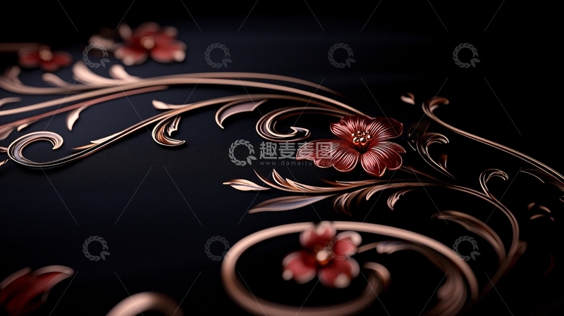 高清大图下载【趣麦麦图】黑色背景上的红色花卉图案
