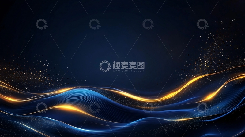 高清大图下载【趣麦麦图】蓝色波浪与金色粒子背景