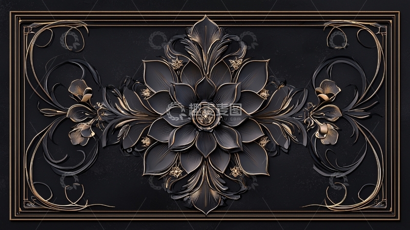 高清大图下载【趣麦麦图】黑色花卉金色边框装饰图案
