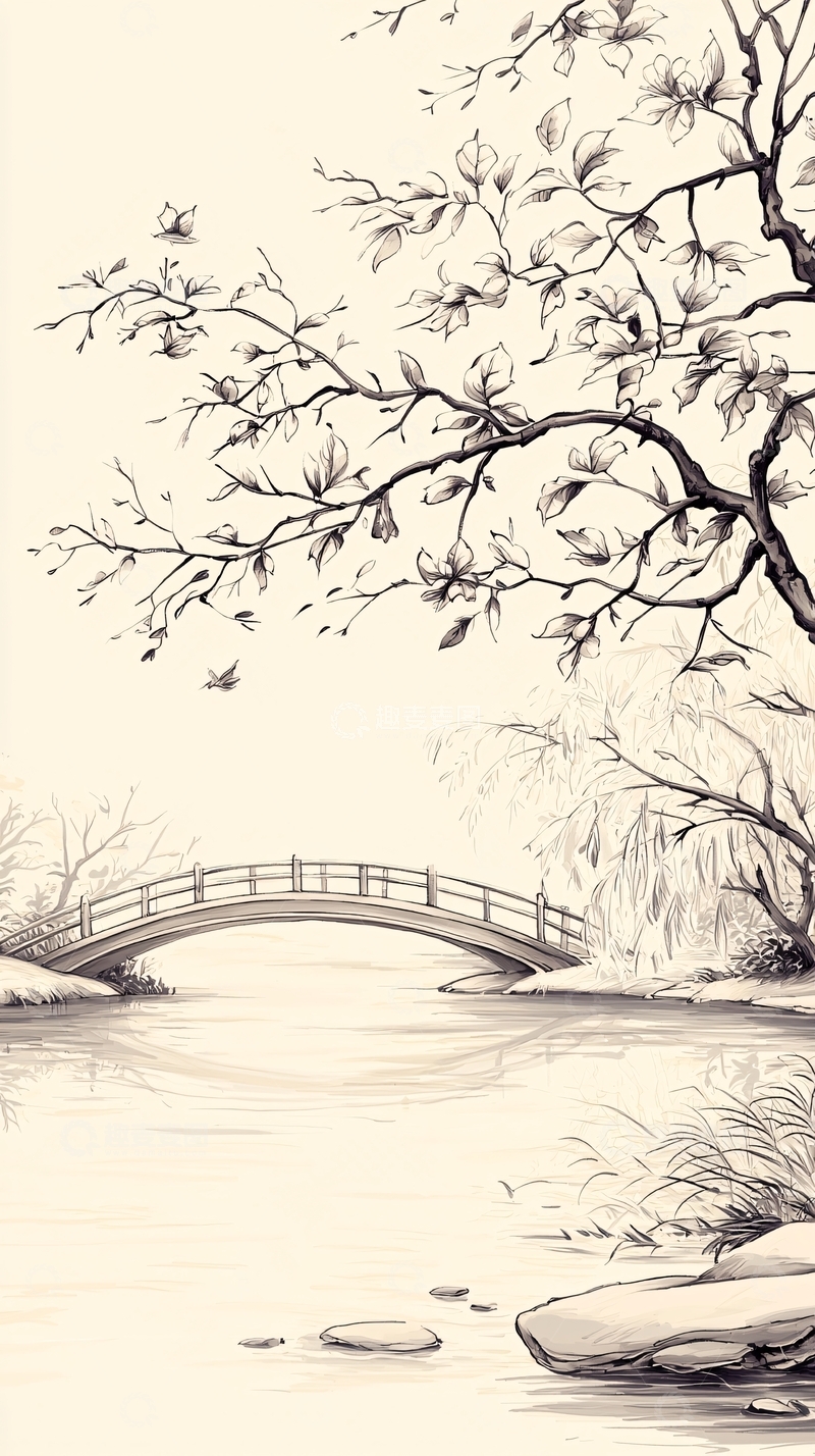 高清大图下载【趣麦麦图】秋日小桥流水图