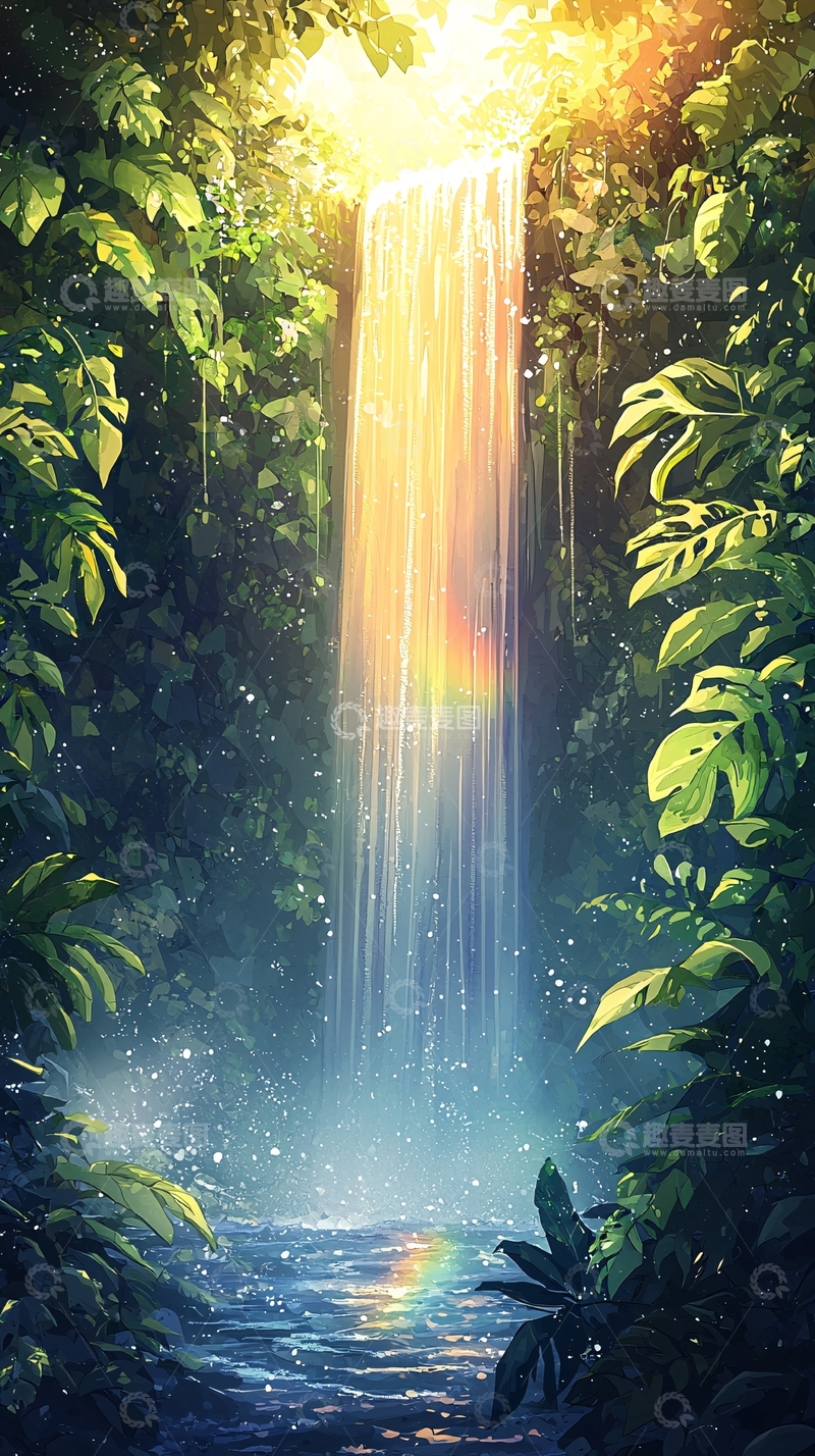 高清大图下载【趣麦麦图】森林中的彩虹瀑布