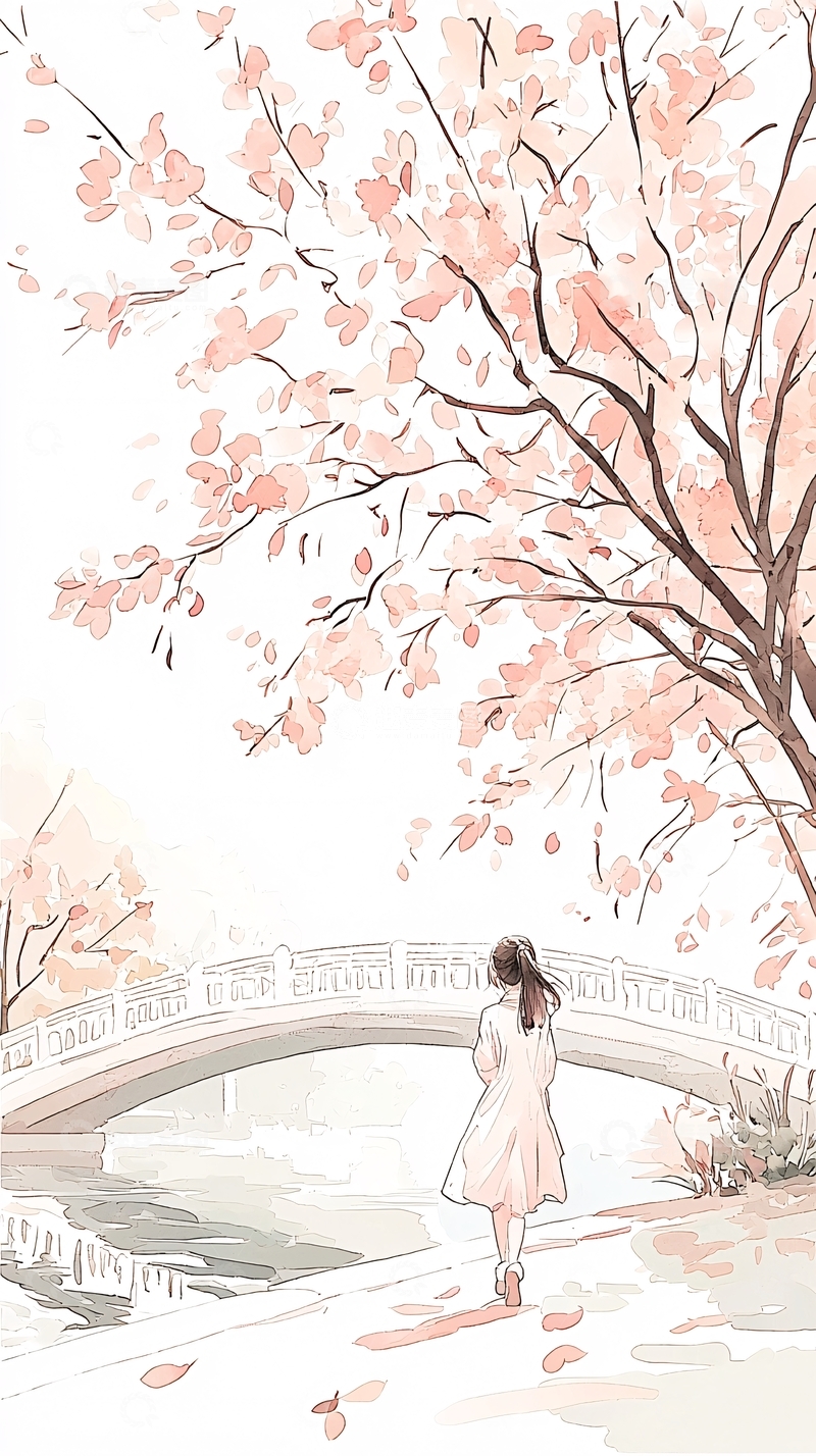 高清大图下载【趣麦麦图】樱花树下的女子漫步桥上
