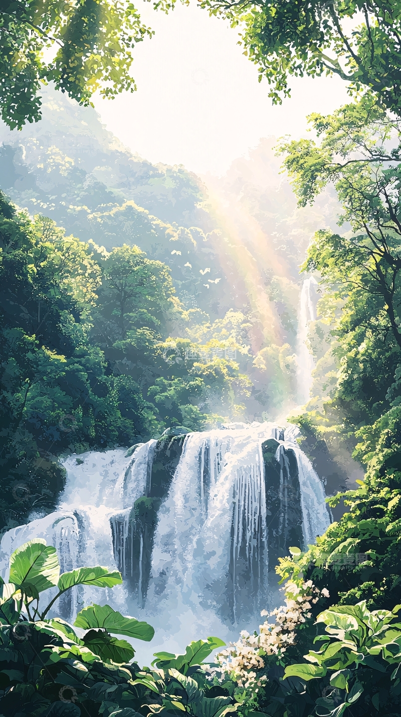 高清大图下载【趣麦麦图】阳光下的瀑布森林风景