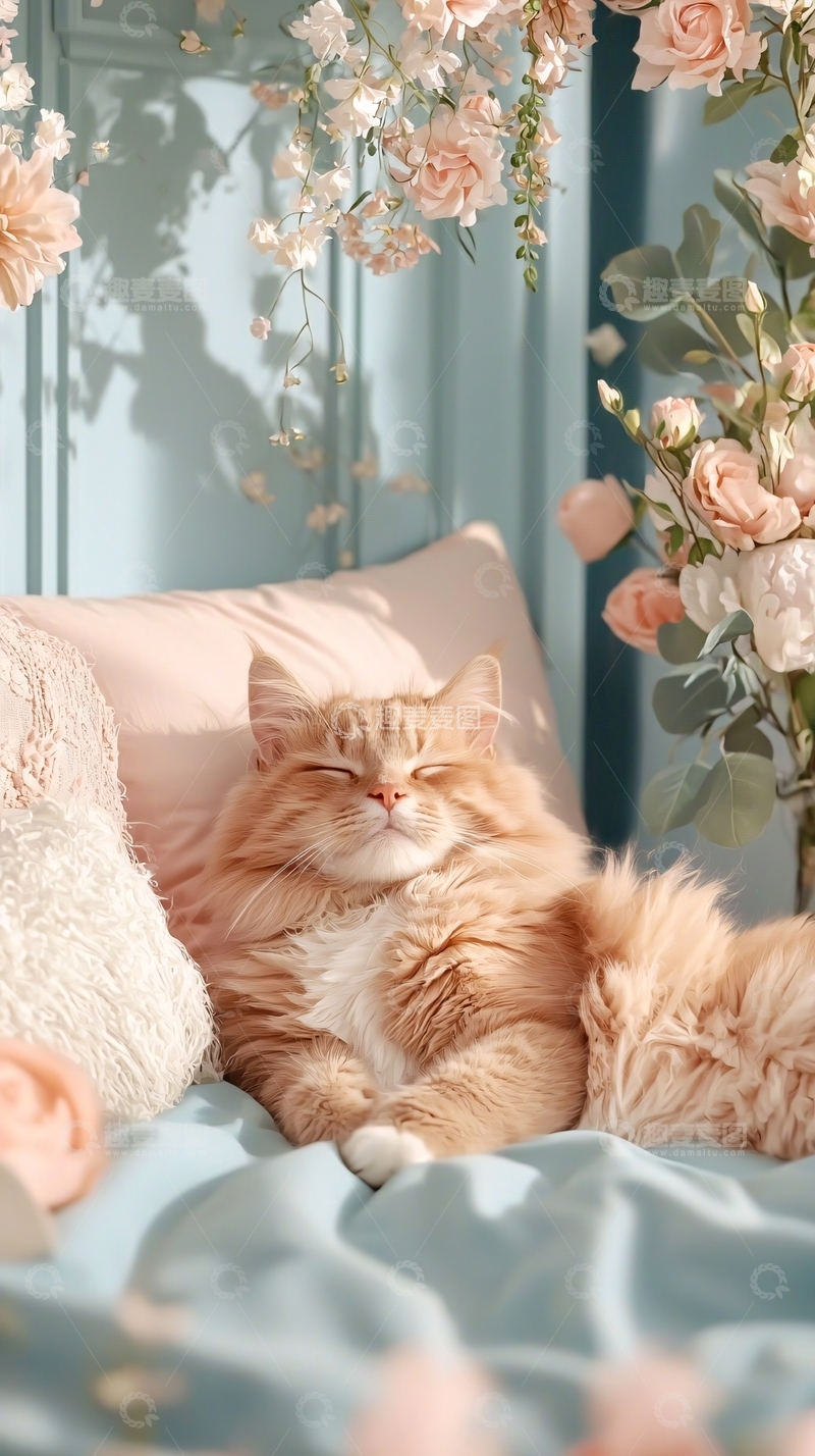高清大图下载【趣麦麦图】温馨猫咪与花束的宁静时光