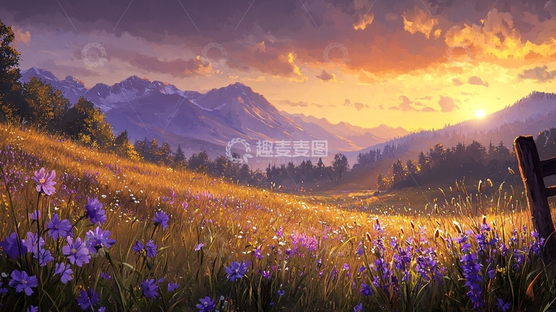 高清大图下载【趣麦麦图】夕阳下的山野花海
