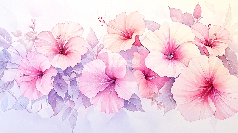 高清大图下载【趣麦麦图】粉色花朵手绘插画背景图
