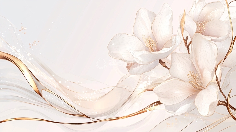 高清大图下载【趣麦麦图】金色线条与白色花朵的艺术插画