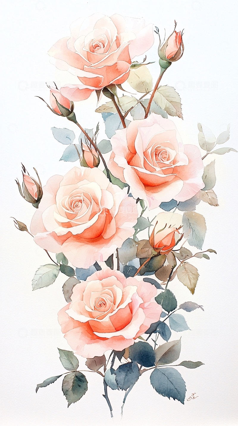 高清大图下载【趣麦麦图】粉红色玫瑰花束水彩画