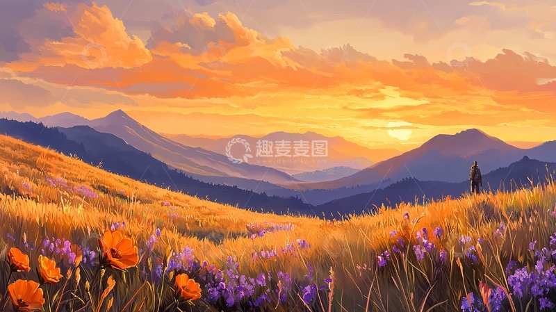 高清大图下载【趣麦麦图】秋日山野夕阳下的孤独旅人