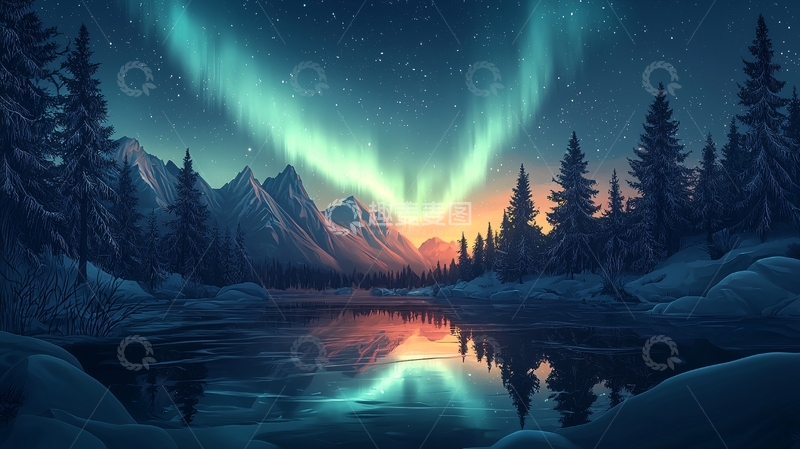 高清大图下载【趣麦麦图】极光下的雪山湖泊夜景